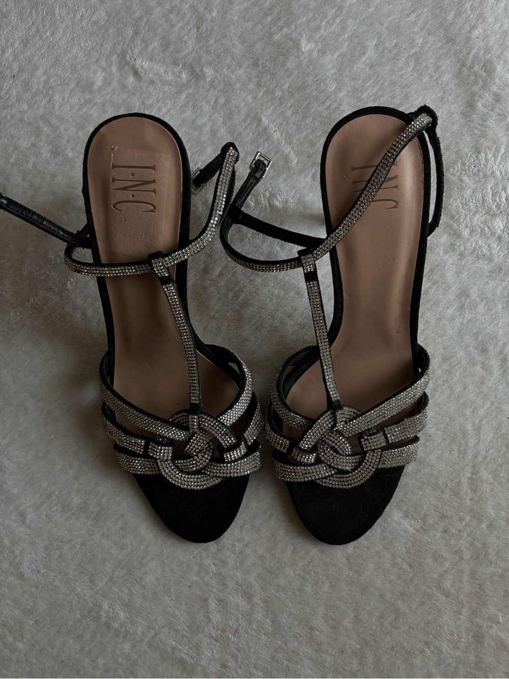 INC International Concepts Black Rhinestone Knot T-Strap Sandals